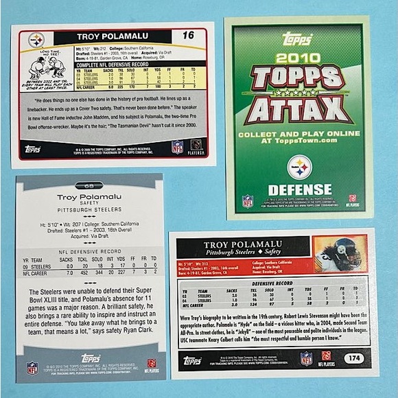 Pittsburgh Steelers Troy Polamalu lot of 4 Topps Cards 2006-2010 - Picture 2 of 2